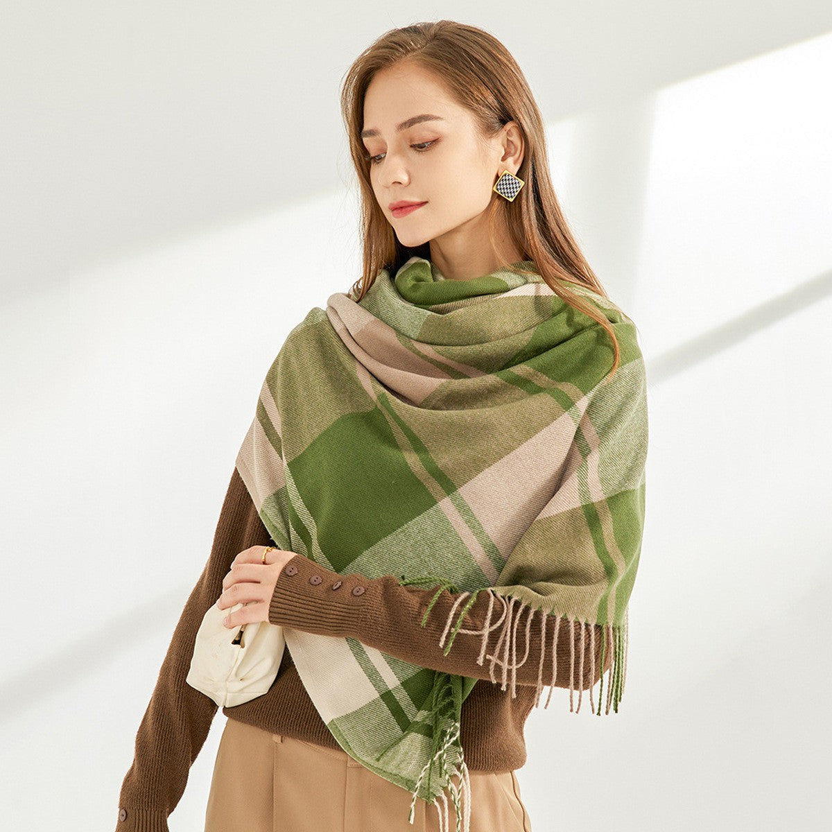 Althea Plaid Cashmere-Feel Tassel Shawl