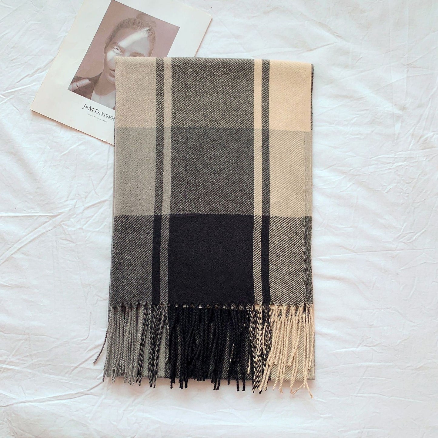Althea Plaid Cashmere-Feel Tassel Shawl