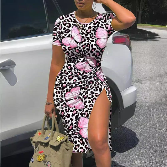 Kaela Split-Hem Animal Print Dress