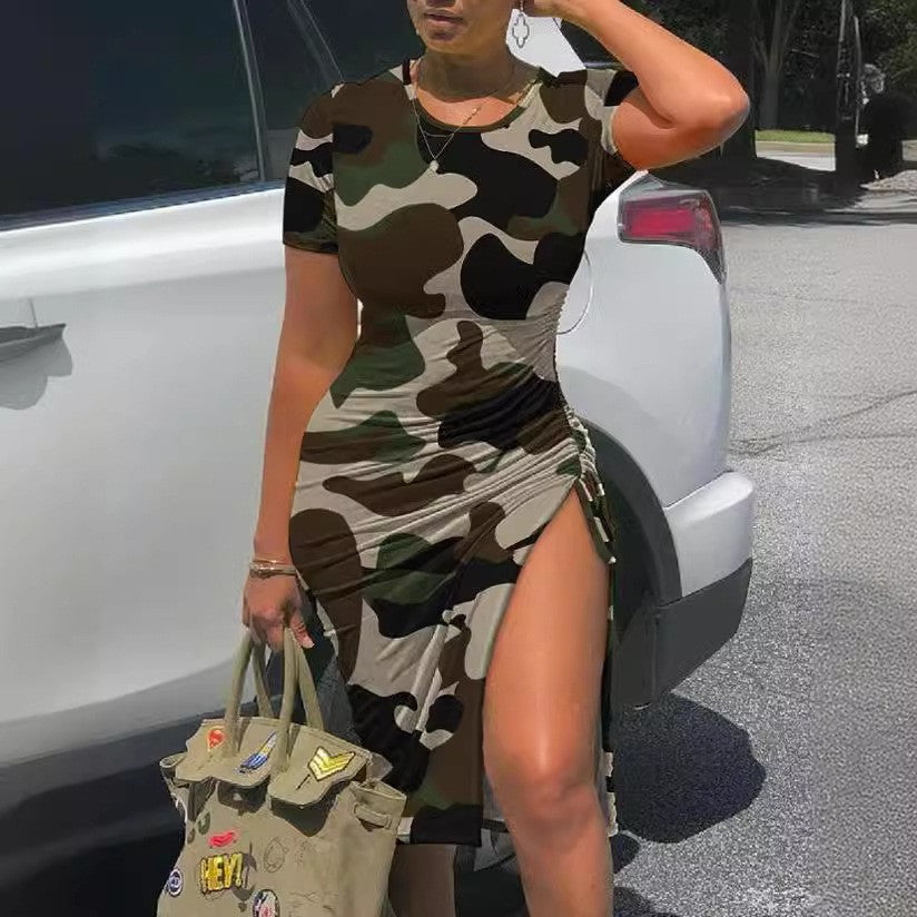 Kaela Split-Hem Animal Print Dress